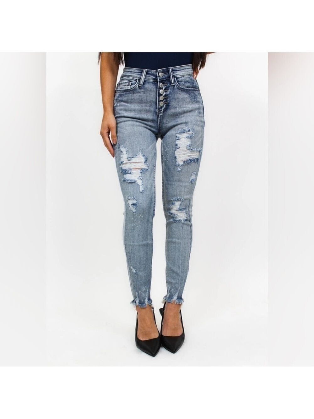 Judy Blue High Rise Medium Wash Destroyed Skinny Jeans Sz 7/28